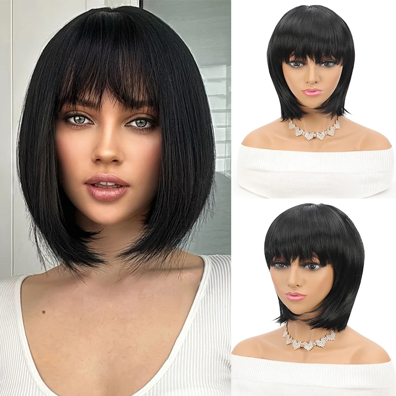 

Short Straight Bob Wig with Bangs Middle Part Bob Heat Resistant Synthetic Wigs Natural Look Glueless Cosplay Wigs 10 Inch