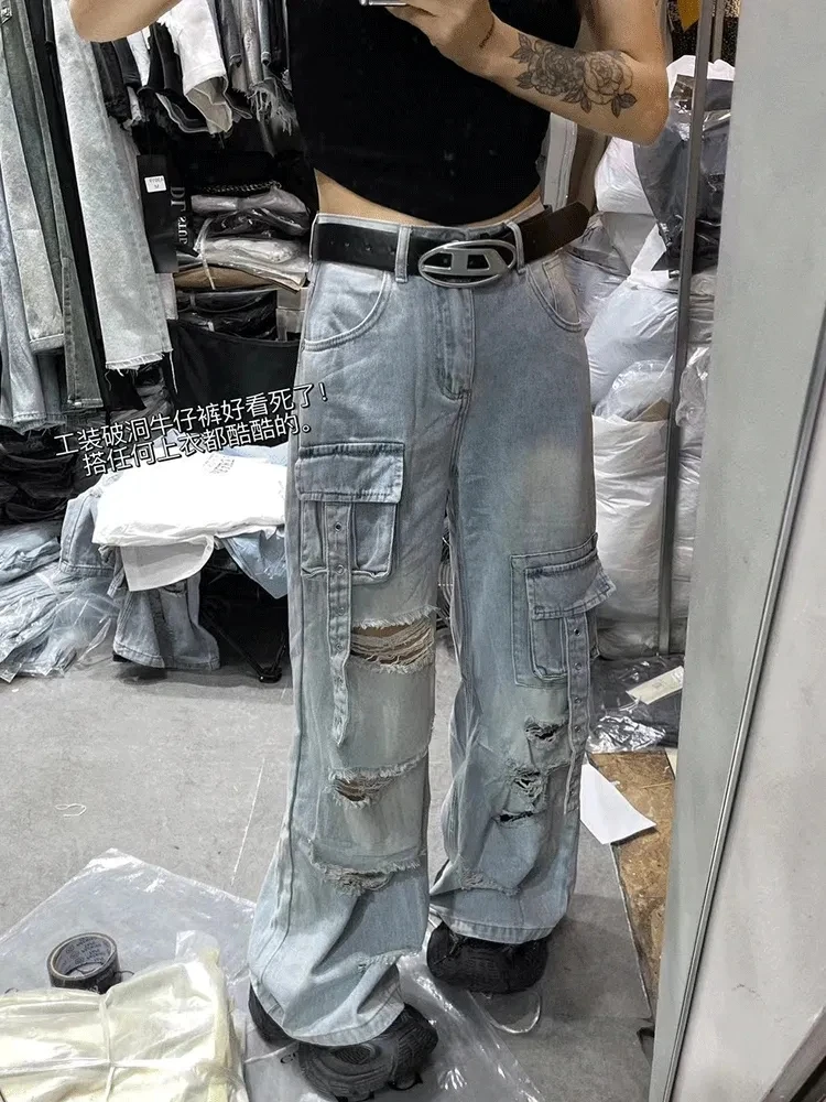 Trendy New Women'S Hole Multi Pockets Cargo Jeans 2024 Summer New Leisure Fashion High Waist Straight Denim Y2k Pants Female 90s