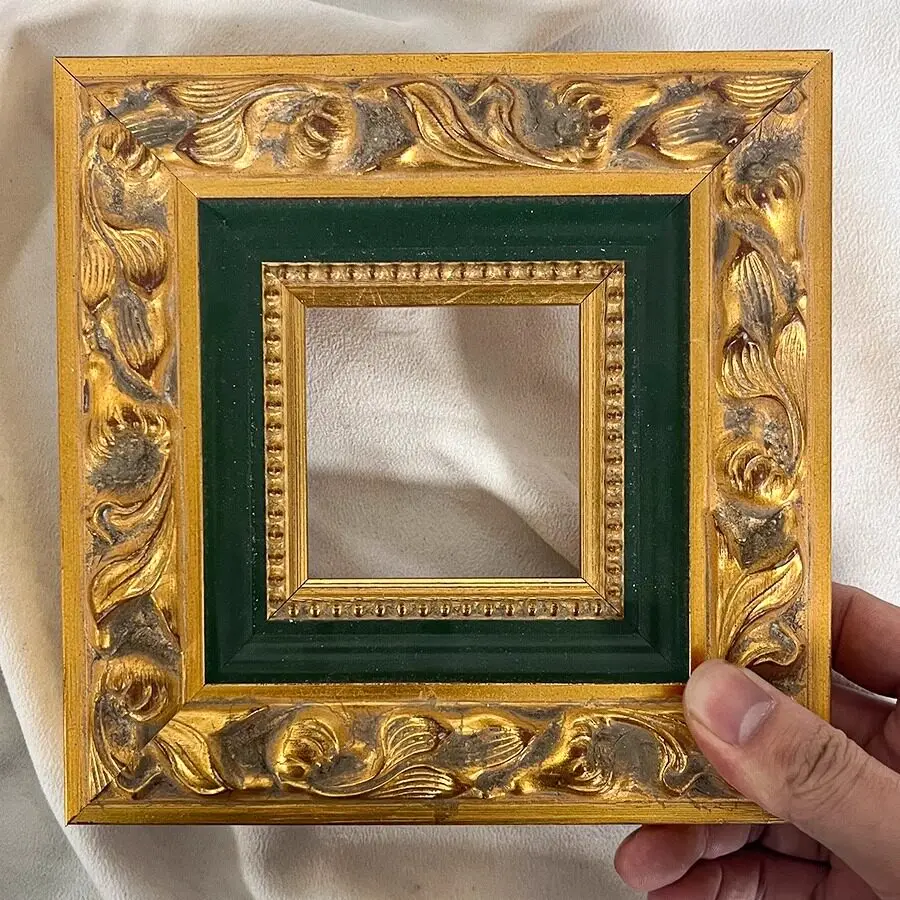 5.1cm Antique Gold Floral Carved Wood Frame | Luxury Emerald Green Inlay Gallery Frame for Fine Artworks & Retro Home Decor