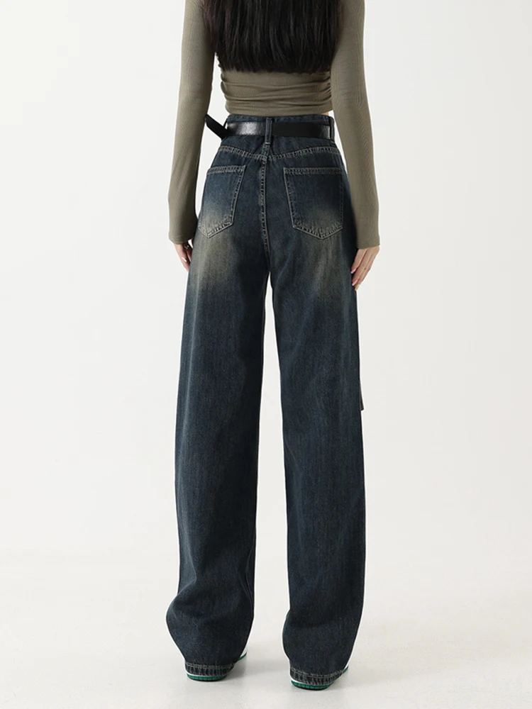 High Street Dark Blue Vintage Designer Jeans Women 2023 New High Waist Wide Leg Straight Denim Trousers Female Harajuku Pants