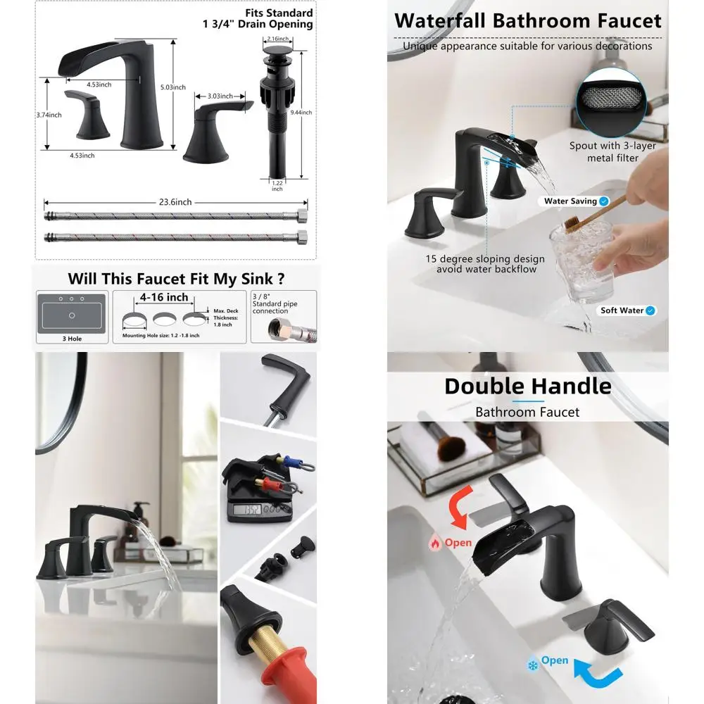 

8 Widespread 3-Hole Waterfall Bathroom Sink Faucet with Pop-Up Drain, Two-Handle Design