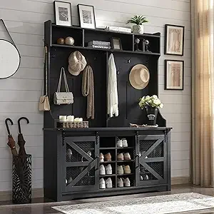 Shoe Storage with Coat Rack & 20 Shoe Cubbies & 12 Coat Hooks Farmhouse Entryway Bench & Sliding Barn Doors Shoe Rack