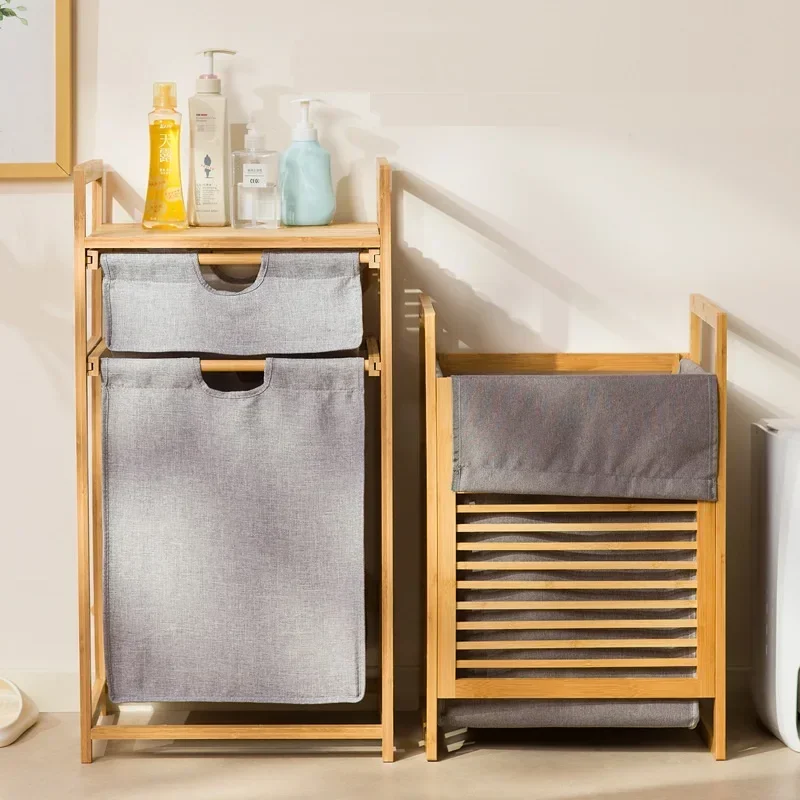 Laundry Hamper with Shelf With Tilt Out Basket 3/4 Tier Wooden Storage Hamper Bathroom Rack Multi-function Bamboo Laundry Basket