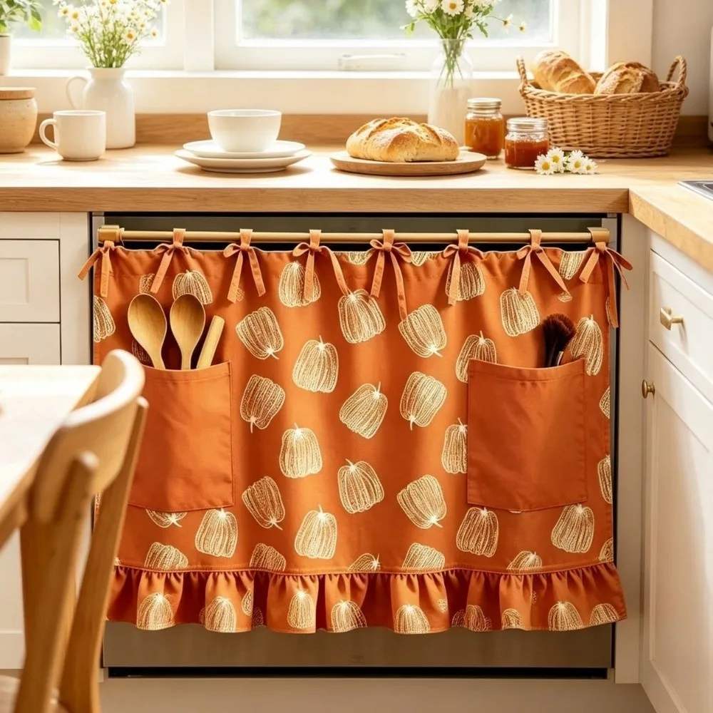 Pastoral Style Oven Skirt Curtain Checkered Decorative Tie Top Stove Cover with Ruffle Trim Heat Resistant Farmhouse Oven Cover