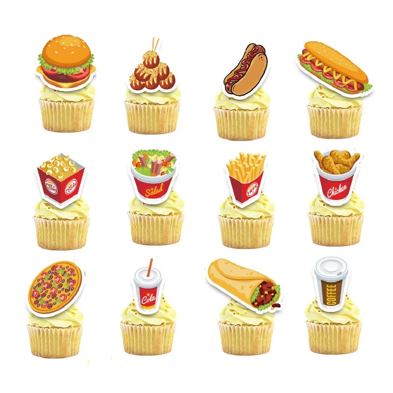 Fast Food Theme Birthday Cake Decoration,Hamburger,Hot Dog, Fries,Pizza Cake Insert