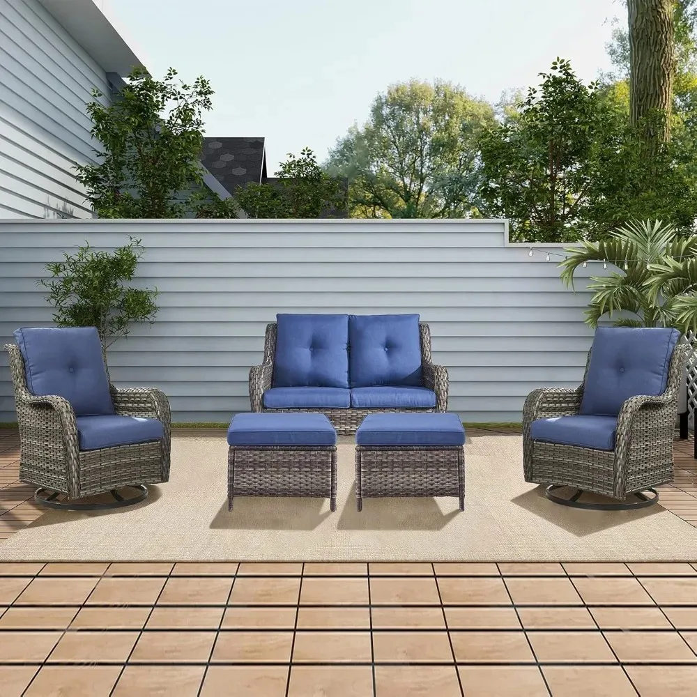 

6 Piece Patio Furniture Set with 2 Swivel Rocking Chairs, 2 Ottomans, 1 Double Seating and 1 Coffee Table for Garden, Backyard