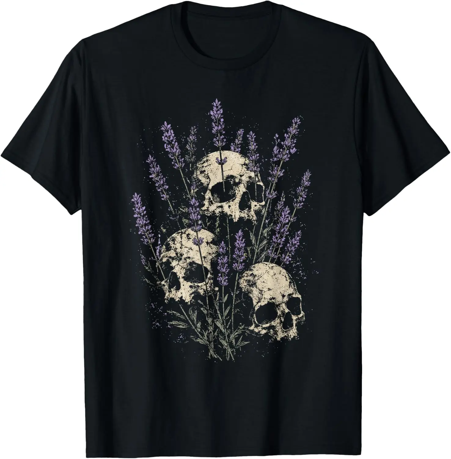 Skulls Lavender Flowers Goth Gothic Grunge Alt Y2K Floral T-Shirt Men Vintage Street Style Graphic Tee Casual Short Sleeve Daily T‑Shirt.y2k aesthetic,retro Graphic Print,Hand Drawn Pattern,Fashion Streetwear,Soft Fabric,Daily Wear