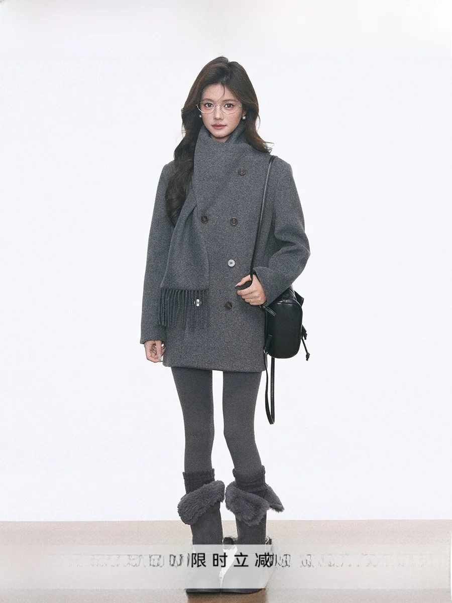 Westayone Winter Thick Woolen Coat Women's Scarf Style Outerwear Korean Version Loose Fit Long Sleeve Mid-Length Coat