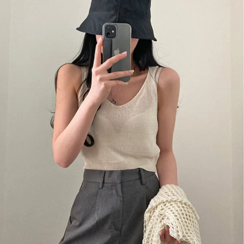 Crochet Top Open Knit Long Sleeve Crop Top with Matching Tank Korean Fashion Teengirl Y2k Spring Summer Outfit