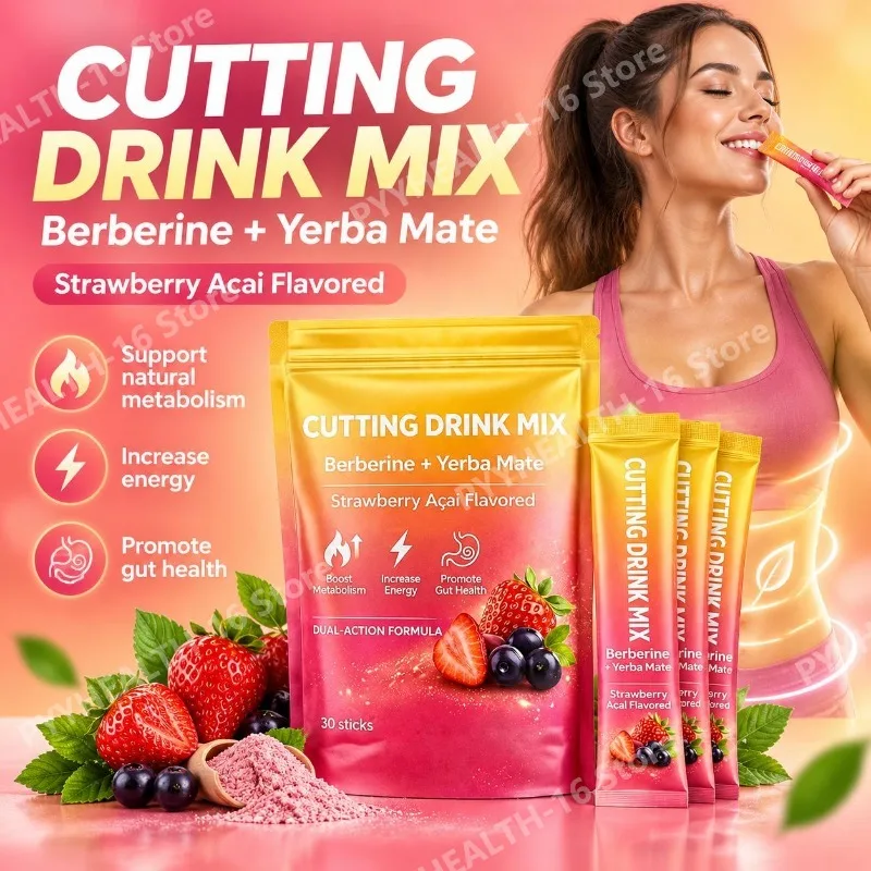 Berberine Yerba Mate Drink Mix with Magnesium, Chromium, FOS & Ginger, Strawberry Acai, Metabolism & Energy Support, 30 Sticks