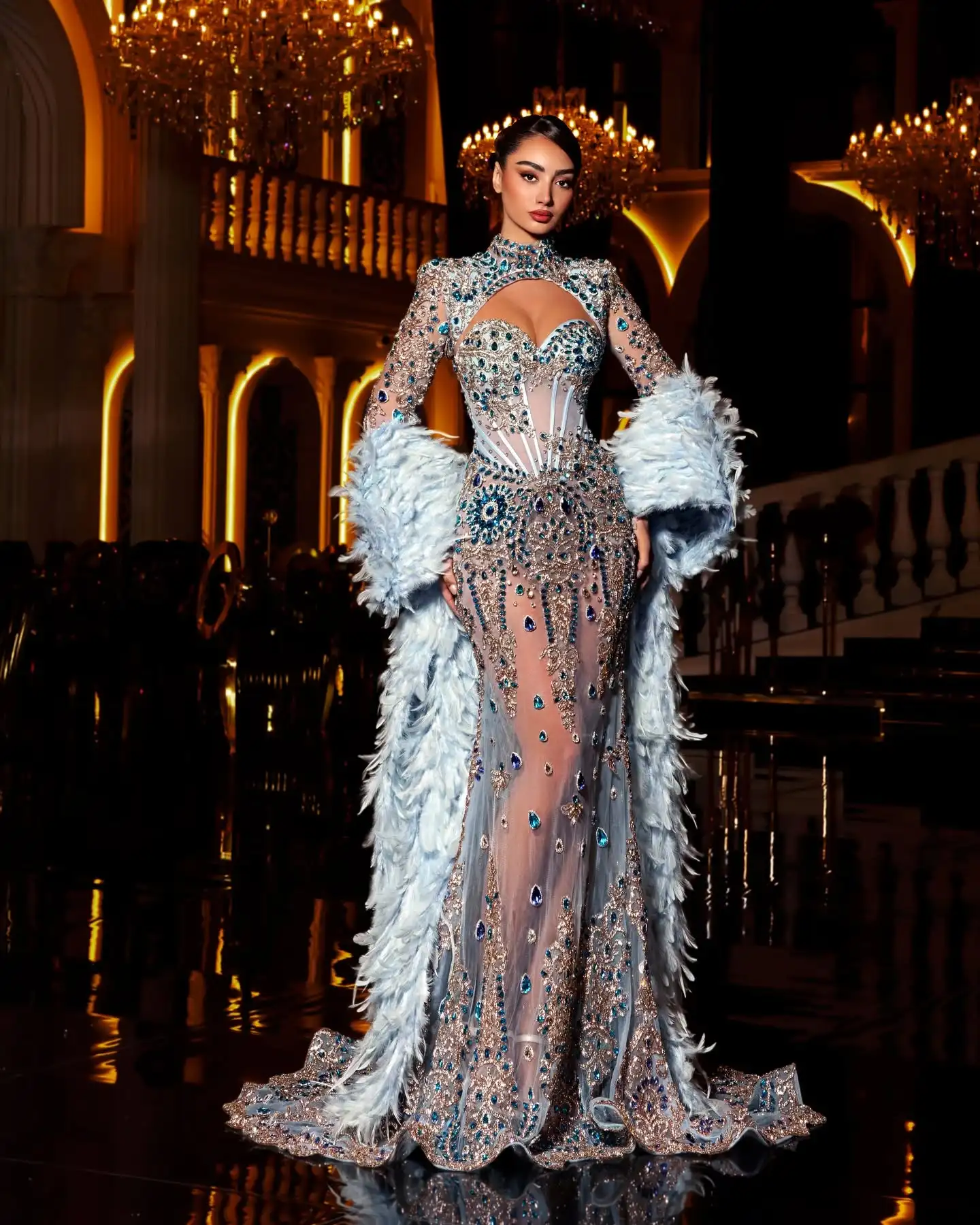 Luxury Evening Dresses Crystal Beading Prom Dress Feather Shawl High Neck See Through Mermaid Party Gowns Vestidos De Noche