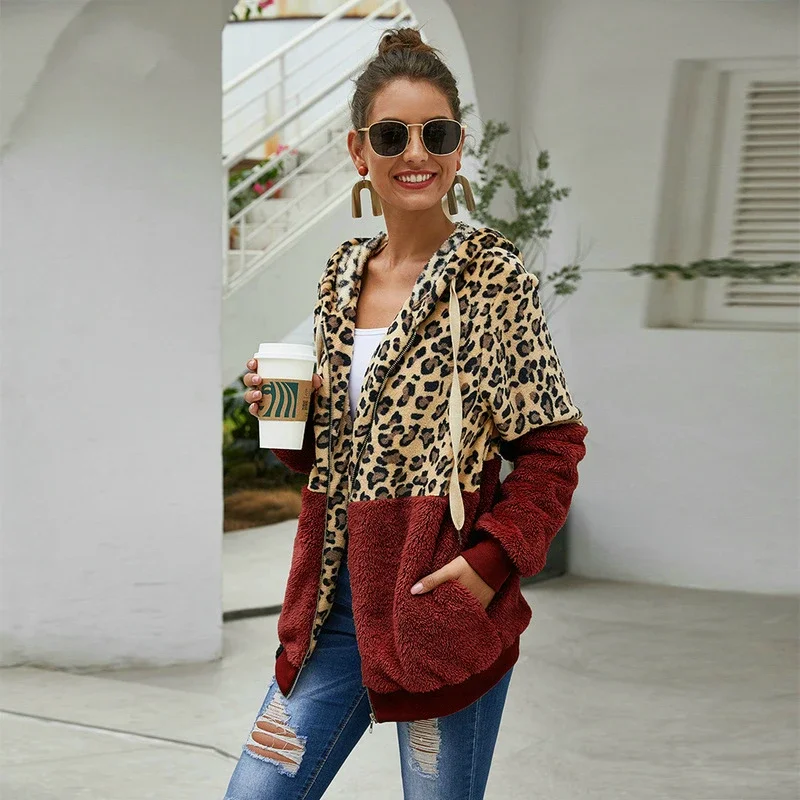 Autumn Winter Leopard Sweatshirts Women 2024 Long Sleeve Hooded Hoodies Casual Zipper Thick Hoodie Top Warm Coat Polerones Mujer