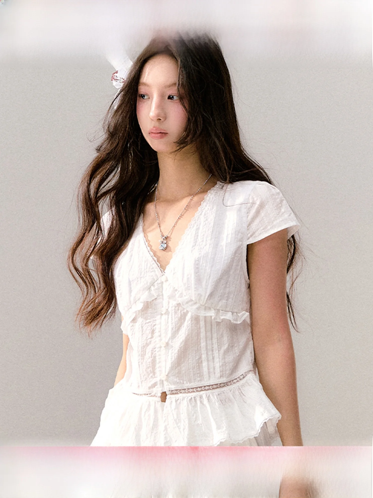 

White Lace Hollow out V-Neck Short Sleeve Shirt Women's Summer Retro Texture Waist-Cinching Shirt Top by Guukahero