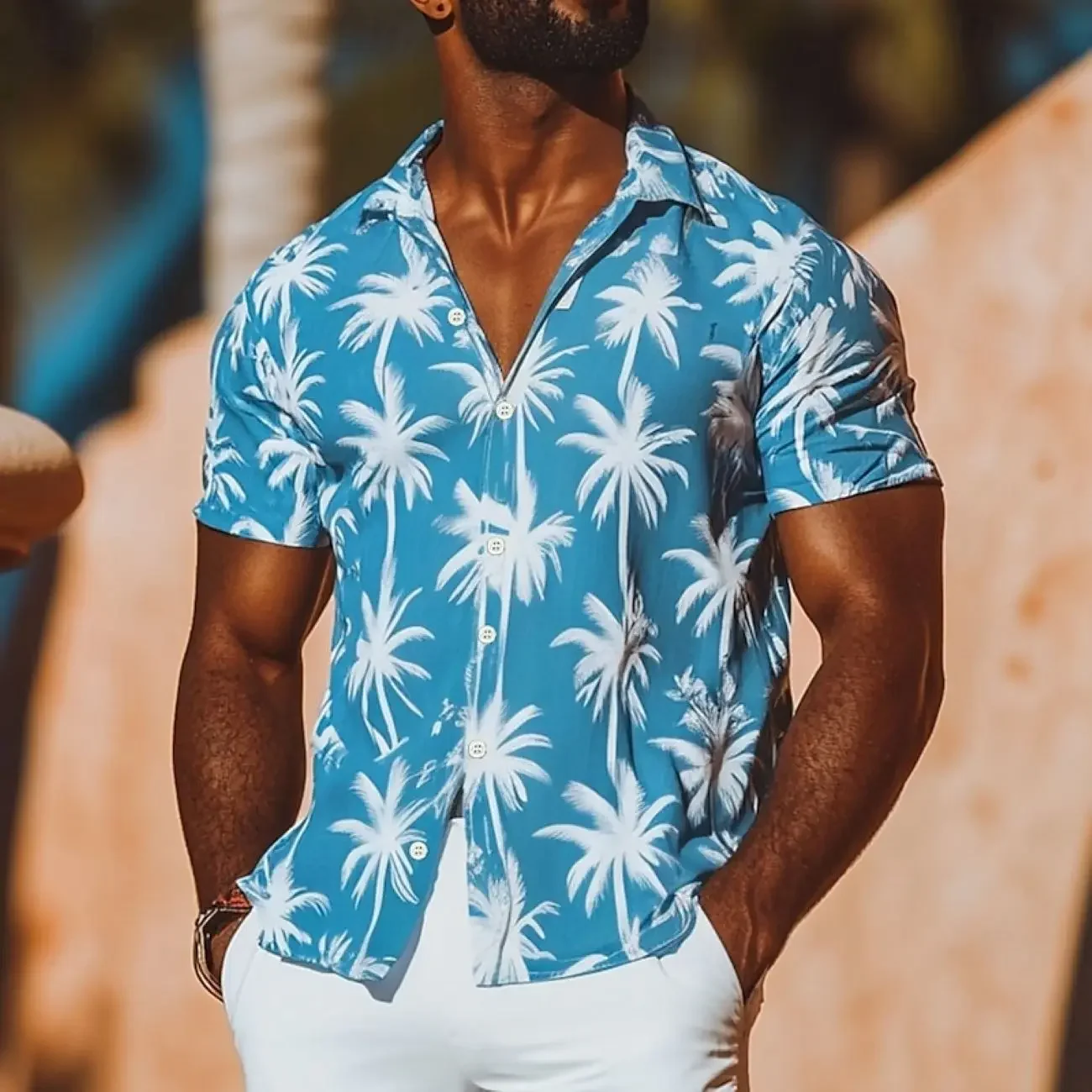 New Men's Simple Retro Coconut Feather 3D Printed Shirt Short-sleeved Lapel Light and Breathable Business Casual Party Outer Top