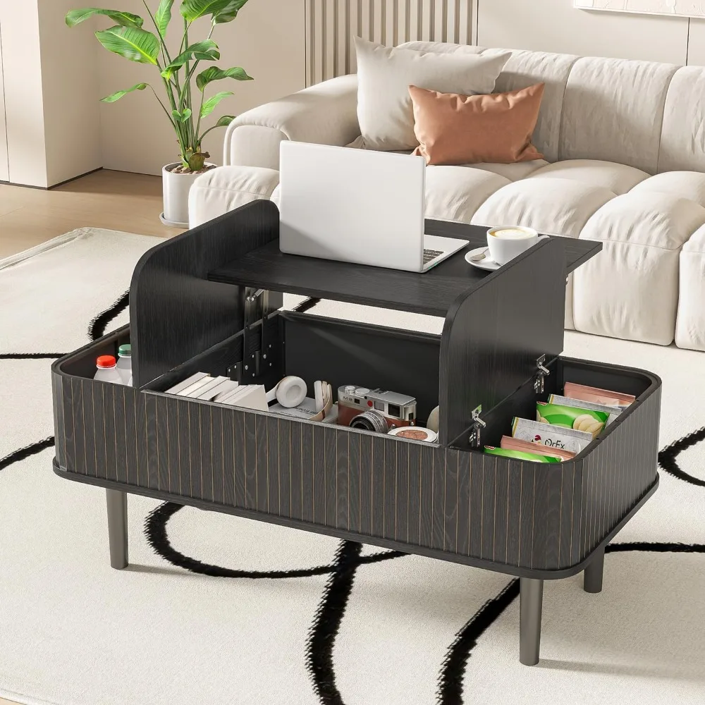 

Coffee Table Lift Top, Fluted Coffee Table with Storage, Black Coffee Tables for Living Room, Modern Center Table with Metal Leg