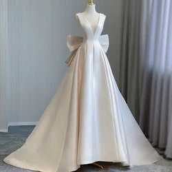 Satin V-neck A-LINE Wedding Dresses with Bow Backless Bridal Gowns Customized