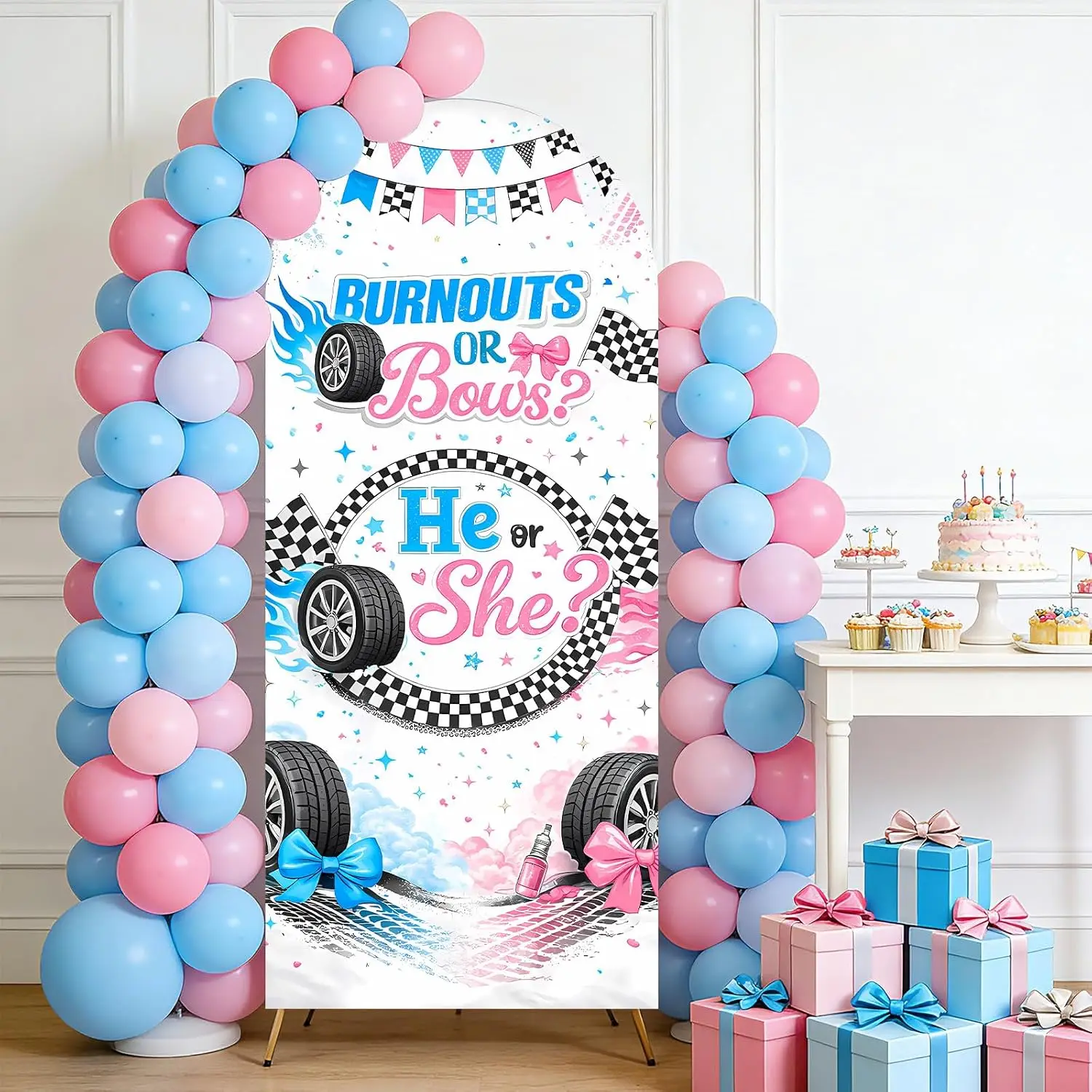 Custom 2-sided Burnouts or Bow Themed Gender Reveal Party Arch Background Covers He or She Newborn Baby Shower Backdrop Supplies
