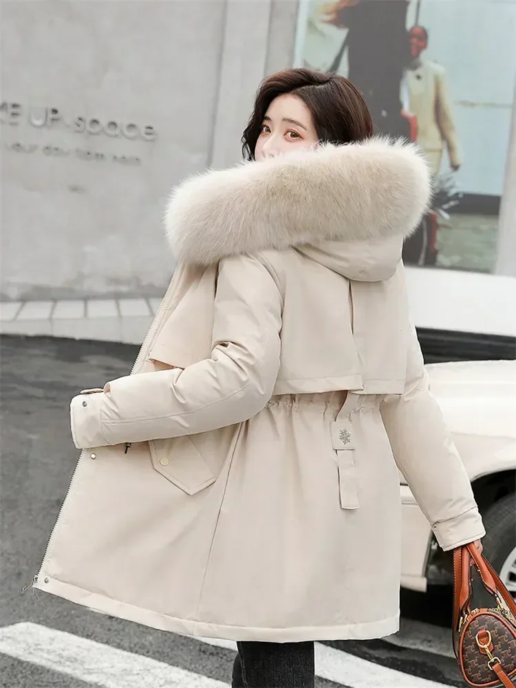 

Winter Coat Low Price On Sale Women Beige Add Wool Thick Warmth Fur Hooded Parkas Jacket 2024 New Fashion Belt Slim Cotton Coat