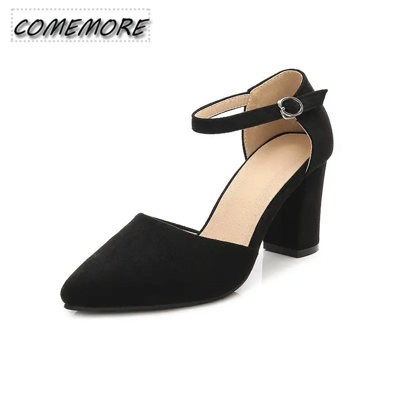 Women Classic High Quality Square Heels Shoes for Office Ladies Black Flock Party Heel Pumps Designer Luxury Summer New Footwear