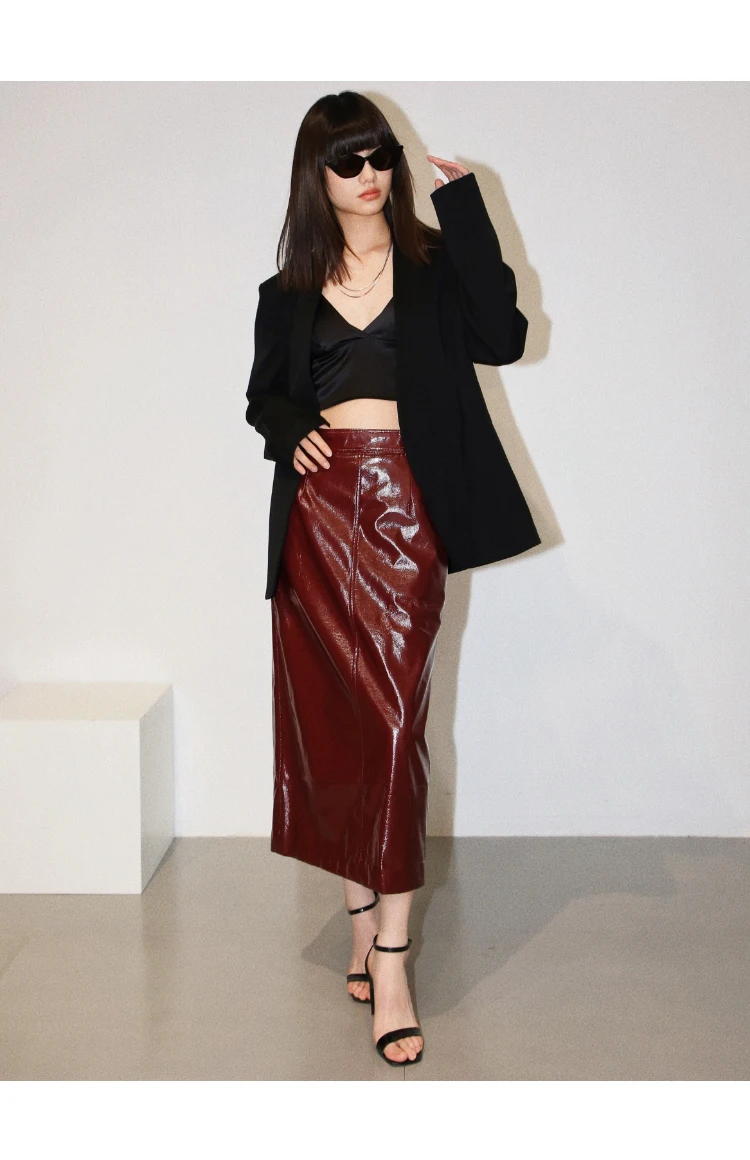 Lautaro Spring Autumn Shiny Reflective Patent Pu Leather Midi Pencil Skirt Women High Waist Long Luxury Designer Clothes 2023 9 Sed4e9a892a6644a4a56a95bde04de919l