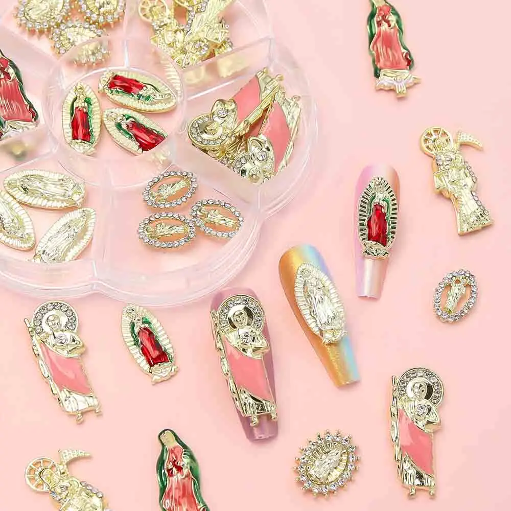 21pcs/Box Alloy Virgin Mary Christian 3D Nail Charms Luxury San Judas Gemstone Metal Shiny Buddha Religious Nail Rhinestones