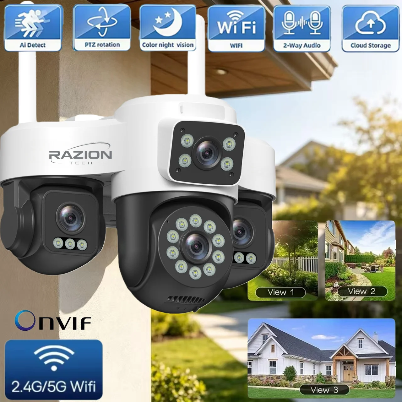 IP Camera 8K 15MP HD 2.4G&5G WiFi Outdoor Cameras 10x Zoom Three Lens Three Screen Home Security PTZ Cam 5MP Video Surveillance