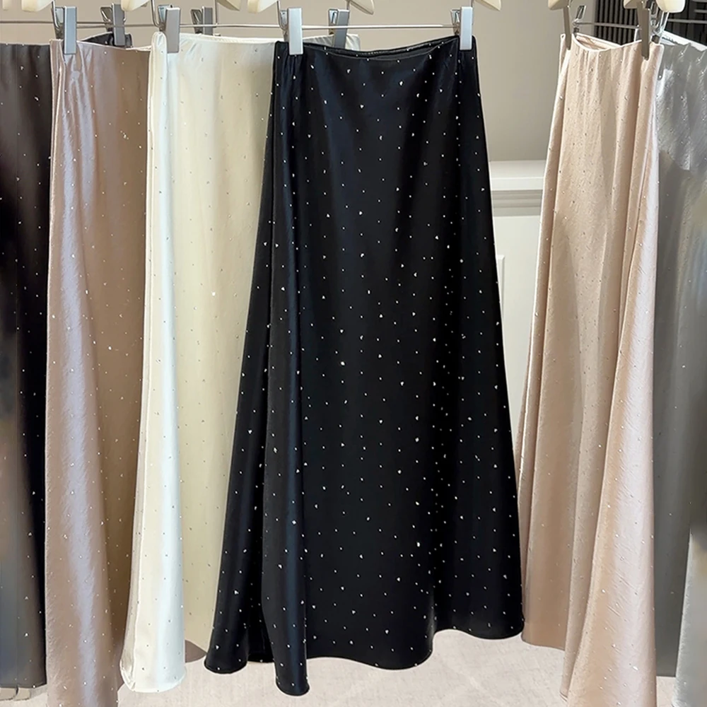 

Glitter Rhinestone Satin Skirts for Women Luxury Bling-bling Diamond Decor High Waist Slim Fishtail Long Skirt Lady Party Skirt