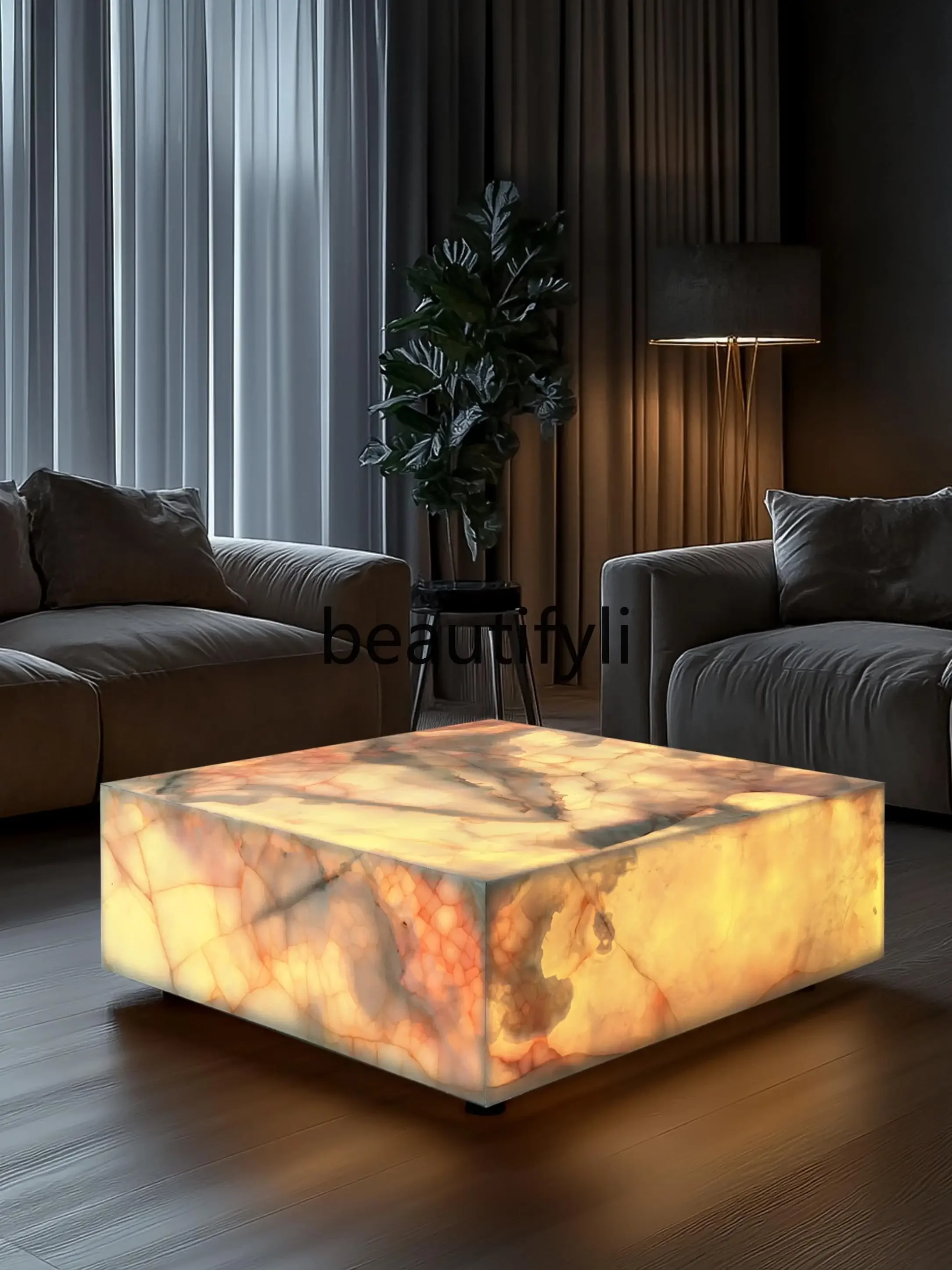 

Natural jade coffee table square crystal light luxury mansion blue and white jade living room marble luminous coffee table