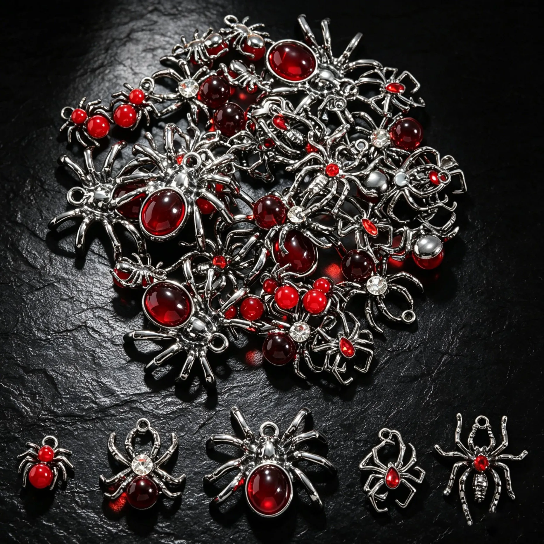 5 Stück schwarze Spinnen-Anhänger im dunklen Gothic-Retro-Stil für DIY-Halsketten, Armbänder, Charms, Schmuckherstellung, Zubehör, Zubehörteile – Detail 1