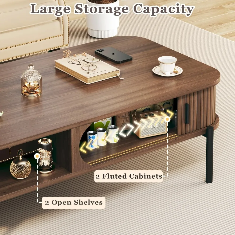 Coffee Table, 47.2 Mid Century Modern Coffee Tables for Living Room, Coffee Table with Storage Open Shelf, Fluted Table