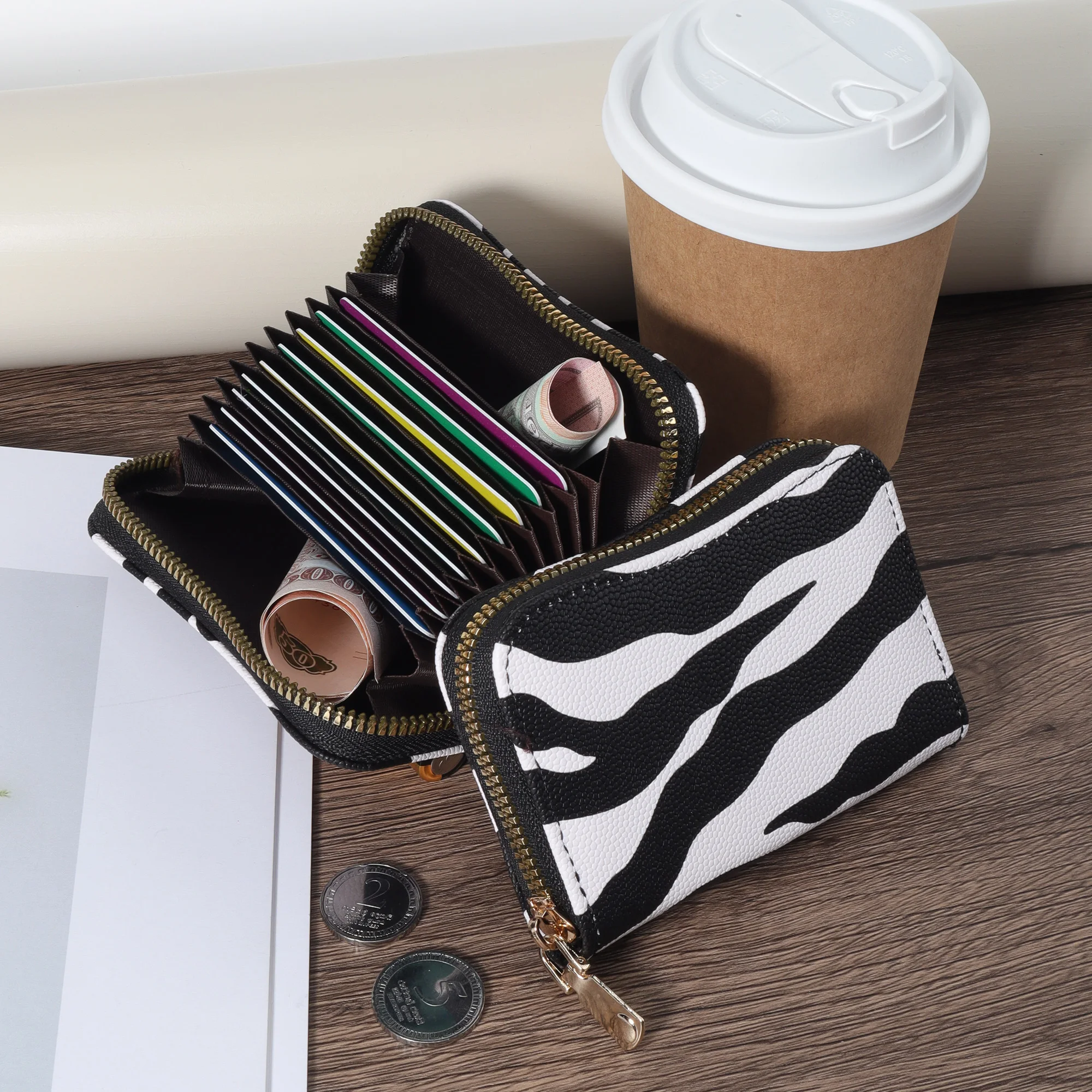 High-quality PU Leather Credit Card Storage Bag Simple Casual Multi-Card Card Holder, Stylish Zipper Around Coin Purse,Perfect F