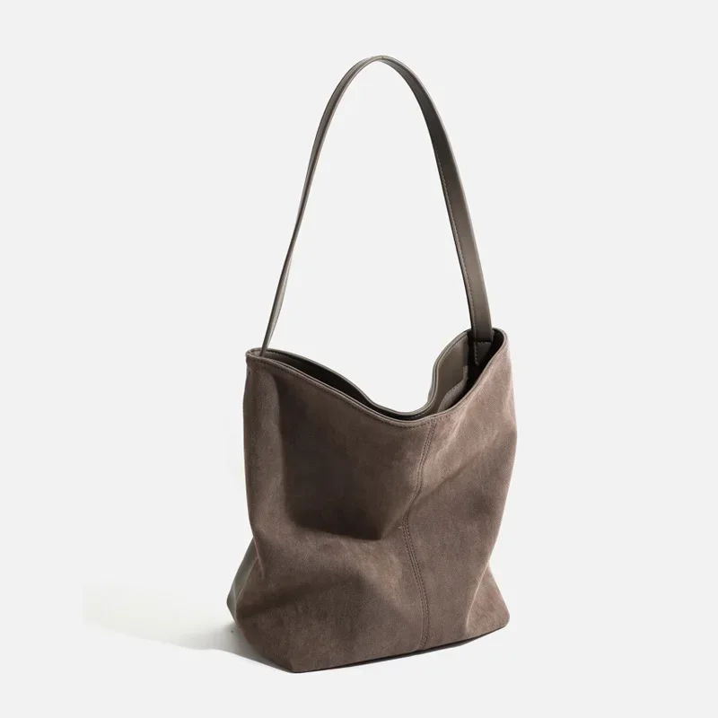 Vintage Women\'s Bag Large Capacity Suede Bucket Shoulder Bag Solid Color Simple Casual Commuter Bag Luxury Designer Purses