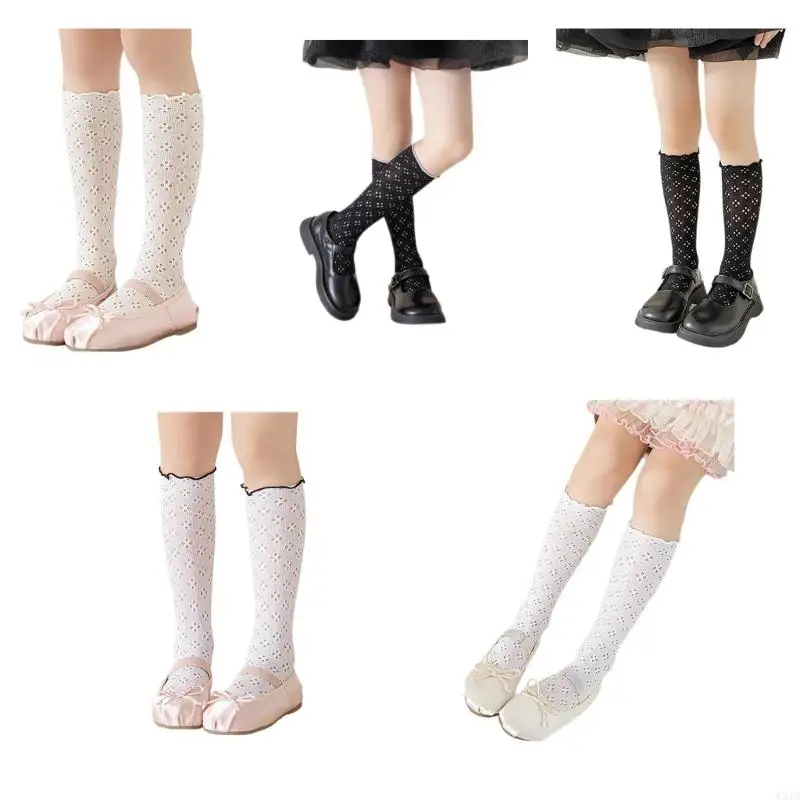 

Hollowout Kneehigh Socks for Little Girls Outdoor Socks Breathable Socks for School Kid Ruffle Trim Dress Socks G2TD
