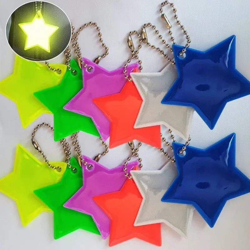 Night Visible Reflective Pentagram Safety Reflector Key Chains PVC Five Pointed Star Pendant Keyring Outdoor Sports Bag Charms