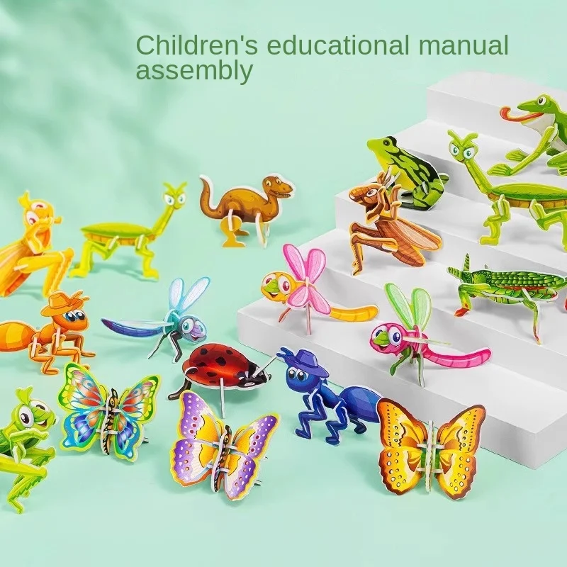 Quebra-cabeças de animais tridimensionais 3D para crianças, insetos divertidos, brinquedos criativos diy para educação infantil, cartões de montagem manual