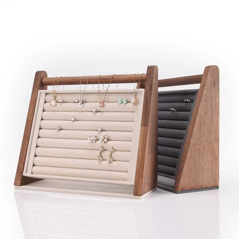 Wood Jewelry Rings Display Necklace Pendant Ring Organizer Stand Holder Rack Showcase Tray