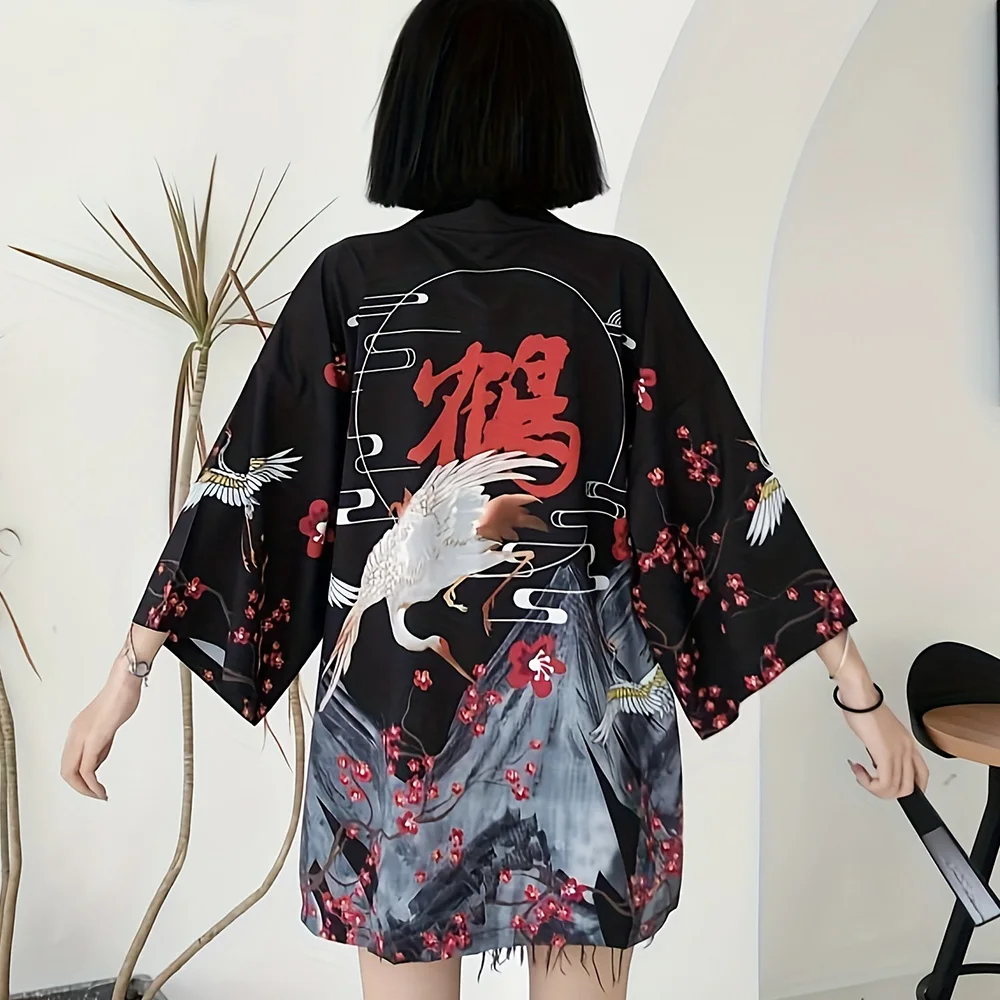 Kimono à motif de grue, cardigan à processus d'impression 3D, tissu de haute qualité, peau douce et confortable, mode estivale, nouveau, 2024