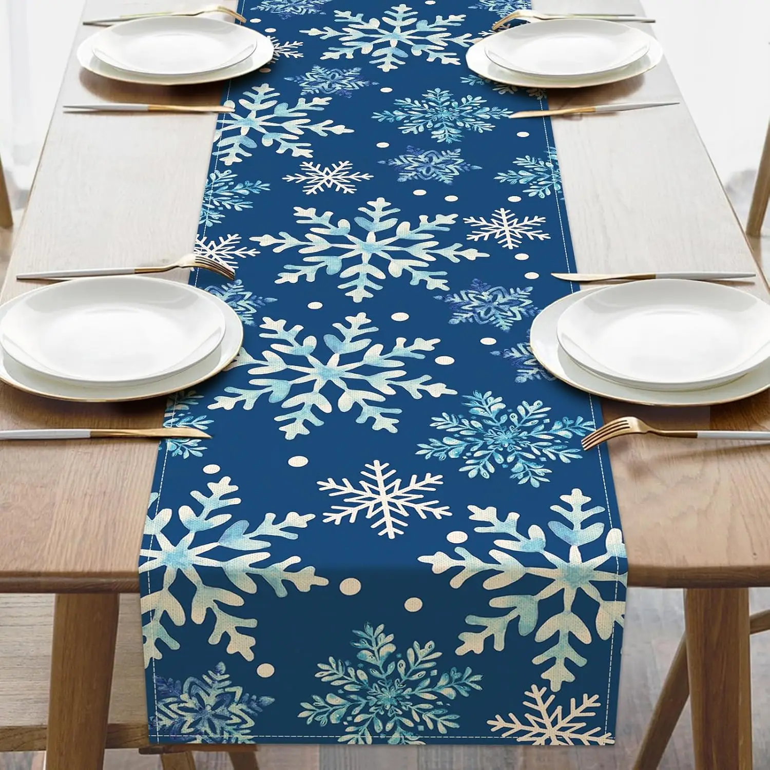 

Christmas Snowflake Blue Linen Table Runner Party Decor Winter Xmas Holiday Kitchen Dining Table Runner Christmas Decorations