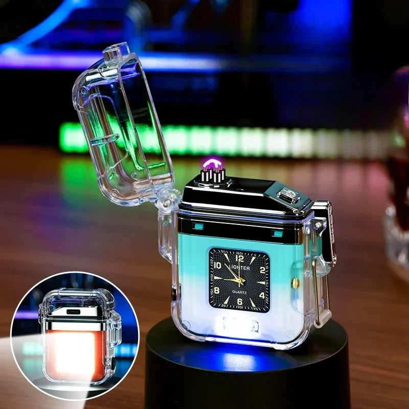 New Double Arc Waterproof Rechargeable Lighter Transparent Shell with Quartz Watch Lighter Cigarette Accessories Gift Wholesale