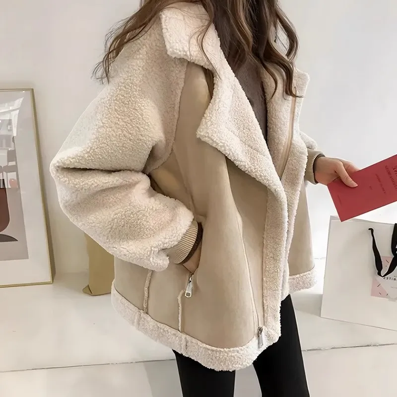 

Lamb Fur Jaet Women's Thiened Autumn Winter Motorcycle Sle Coat eepskin Coat Casual Chic Sle Regular Sve Length