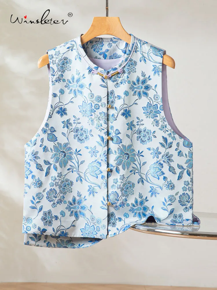 

Winsleter-100%Real Silk Song Brocade Elegant Vest Coat, V Neck Blue White Porcelain, Women Retro Waistcoat, 2026 Spring C5D633CC