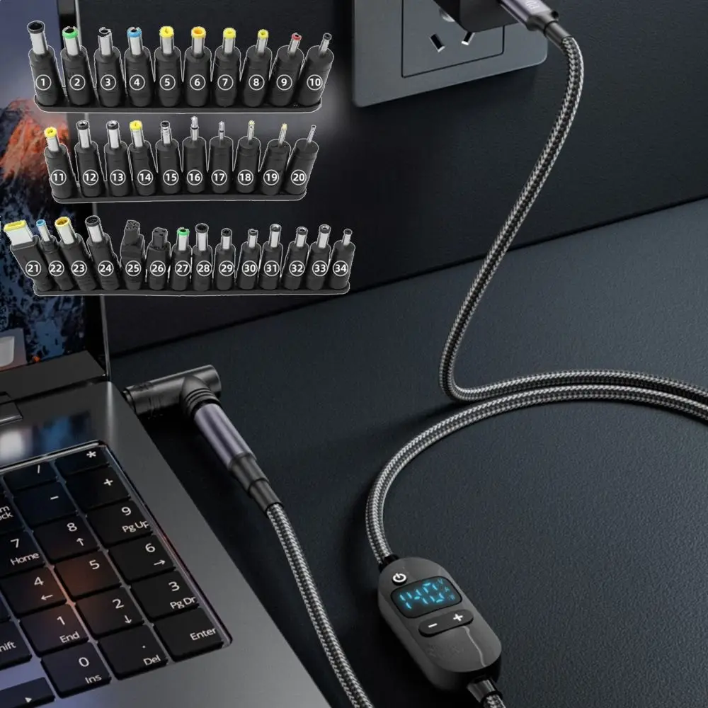 Digital Display USB C to DC PD Adapter Cable 5V/9V/12V/15V/20V with 28/34 Connector Tips Type-C to DC Power Cord