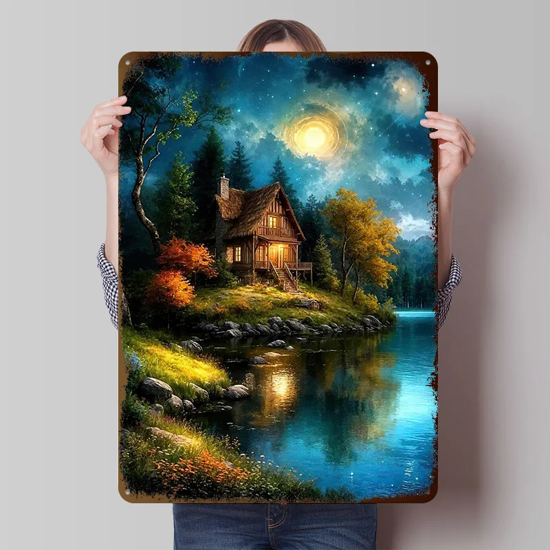 Gemütliche Hütte am See, bedrucktes Poster, individuelle Retro-Wandkunst, Vintage-Metallblechschilder für Heimdekorationen, Wohnzimmer, Haus