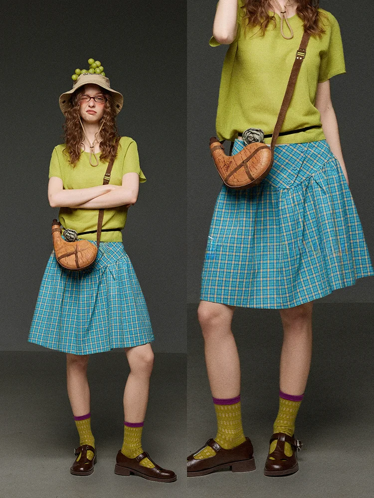 

High Waist A-Line Skirt Women's Plaid Asymmetrical Button Pleated Skirt Slimming Midi Skirt Summer Fashion TNIT