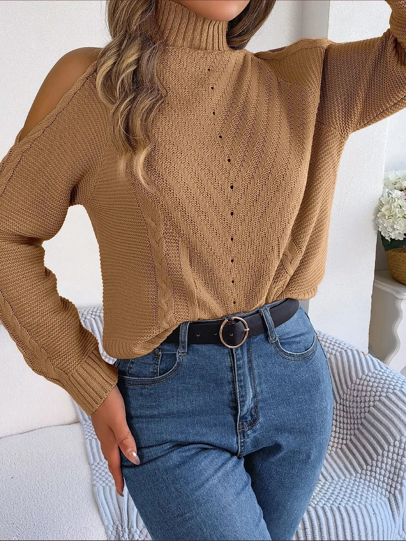 

Sweater for Female Autumn and Winter Fashion Solid Color Strapless High Neck Hollow Long Sleeve Knitted Pullover Casual Blouse