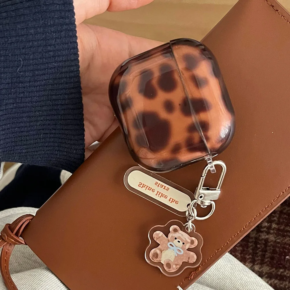 2024 New Transparent Leopard Print Cover Case For Airpods 4 Cartoon Lovely Little Bear Pendant For AirPods 1 2 3nd Pro 2 Shell