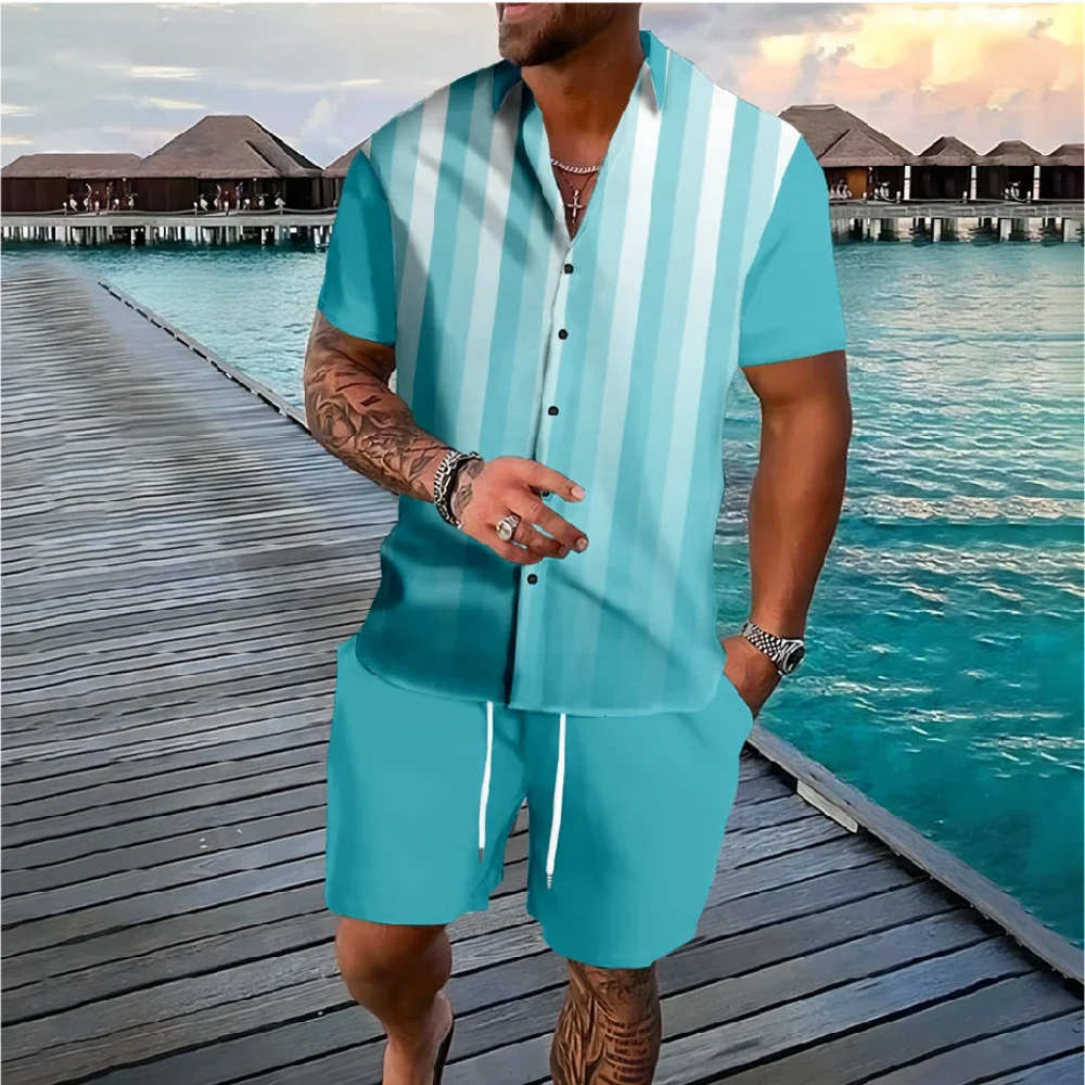 Solid Color Stripes 3D Print Men Shirt Sets Fashion Short Sleeve Shirt Oversized Casual Beach Shorts Streetwear Suits Clothes