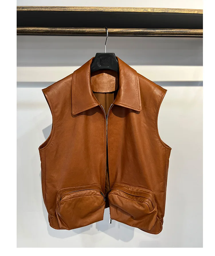 

Brand New 2023 Autumn Winter Korean Style Women Leather Jackets High Quality Sheepskin Pockets Vest Waistcoat C423