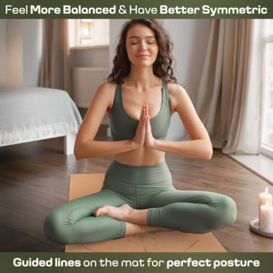 بساط يوجا من الفلين غير قابل للانزلاق يقاوم العرق والروائح بساط تمرين مع حزام حمل لليوجا الساخنة وأرضية البيلاتس والتدريبات اللياقة البدنية #3