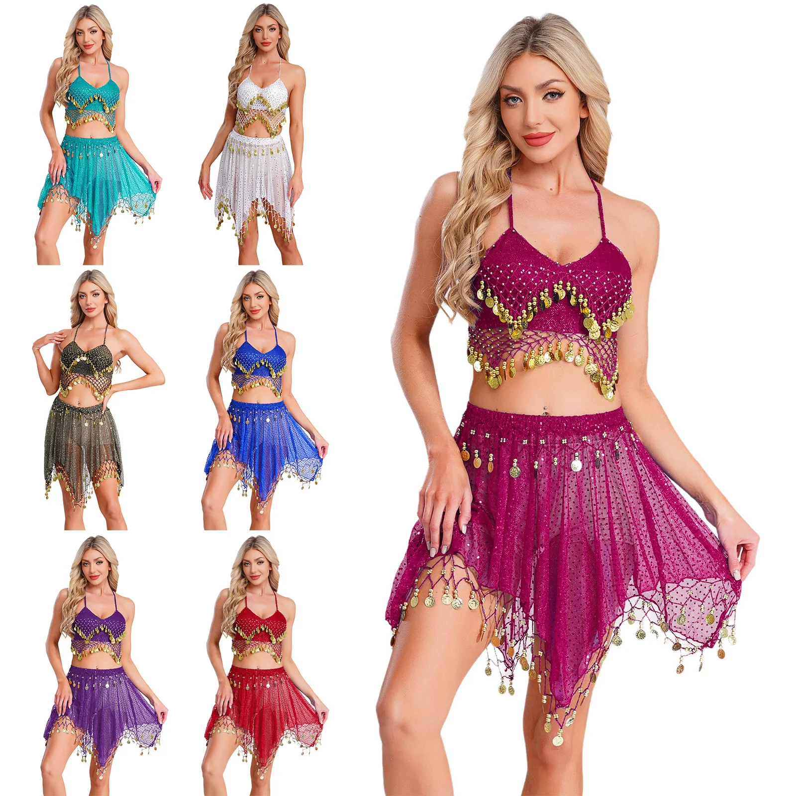 Womens Belly Dance Outfits Tassel Sequined Crop Top with Irregular Hem Skirt for Cultural Festival Dance Performance Costume